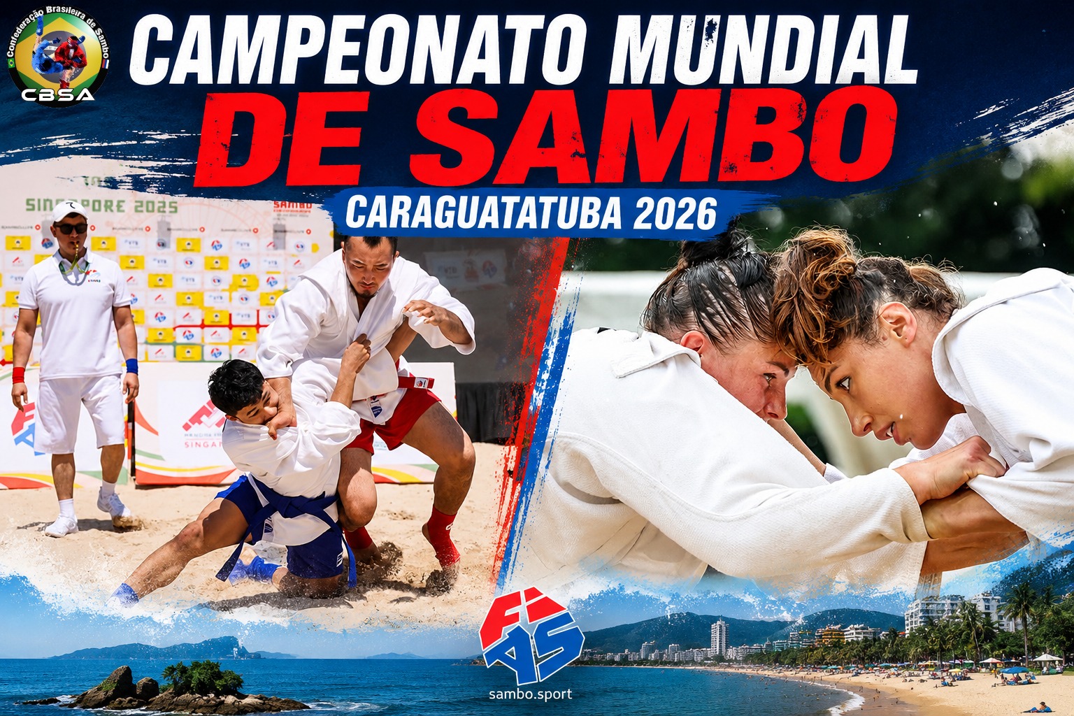 Banner Oficial do Campeonato Mundial de Sambo de Praia 2026 em Caraguatatuba
