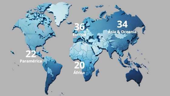 Mapa global demonstrando a consolidação do Sambo com 36 nações na Europa, 34 na Ásia e Oceania, 22 na Panamérica e 20 na África
