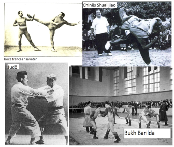 Ilustração histórica demonstrando movimentos de luta que deram origem ao Sambo