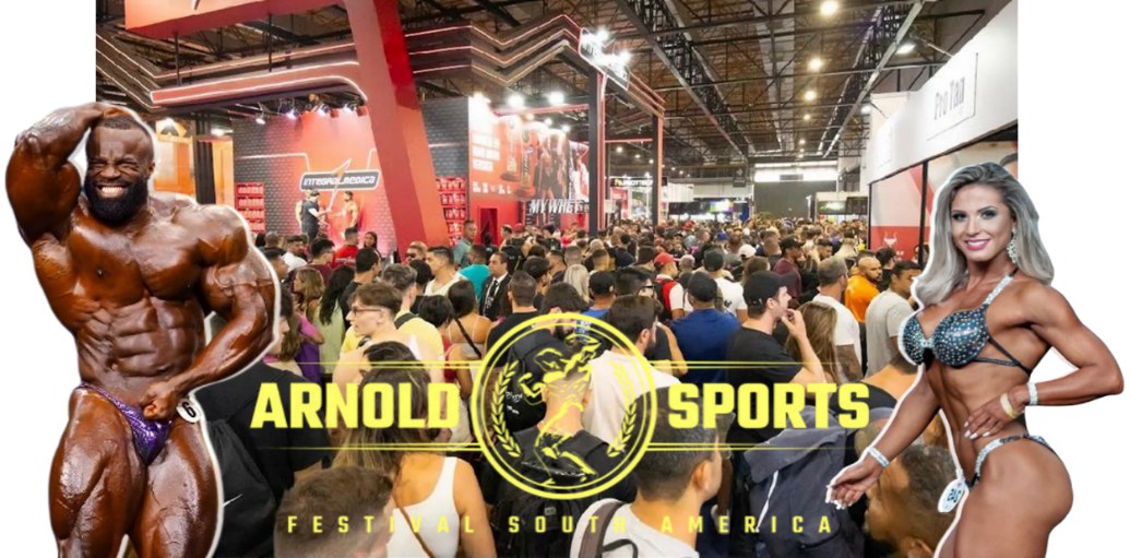 Banner do Arnold Sports Festival South America com público no pavilhão e atletas de fisiculturismo