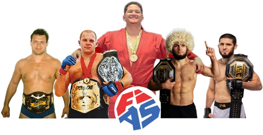 Lutadores de MMA com cinturões de campeão e um atleta com medalha, todos com passagem pelo SAMBO, ao lado do logo da FIAS