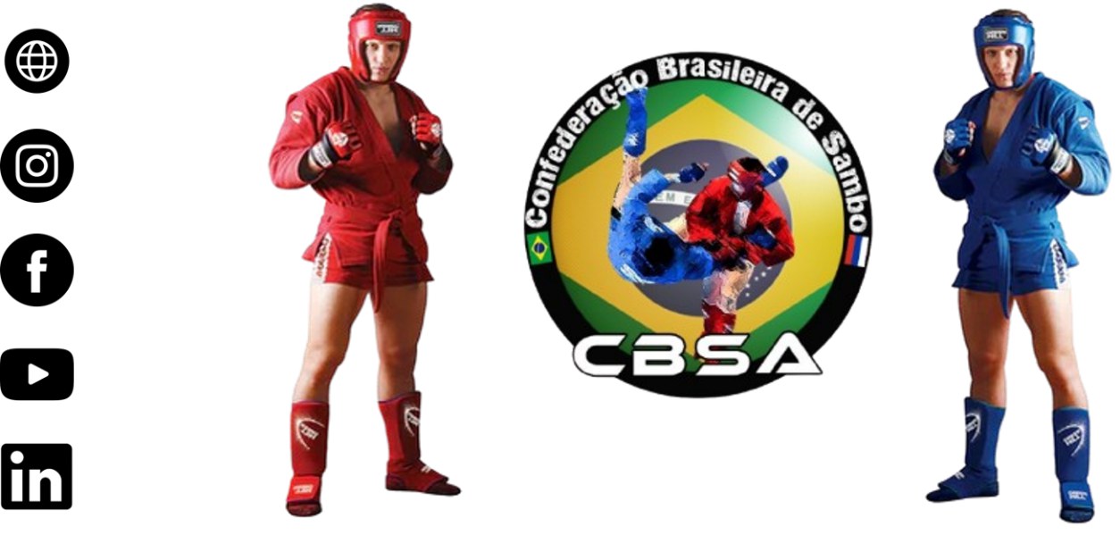 Dois lutadores de SAMBO de combate, um de vermelho e outro de azul, ao lado do logo da CBSA e dos ícones das redes sociais